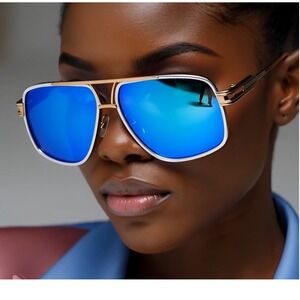 Sunglasses Blue Mirrored Lens Gold White Frame Square Fashion Women Gafas‎ Mujer